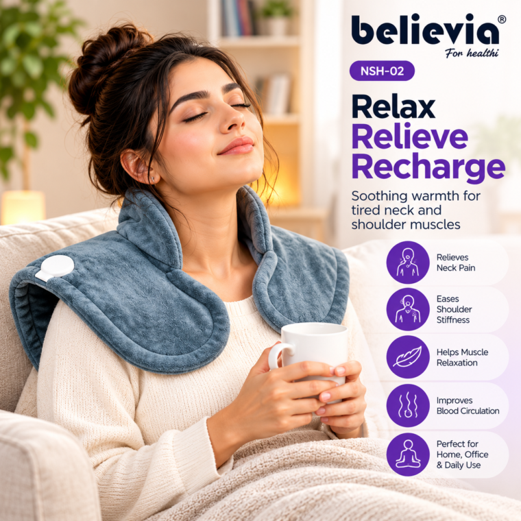 Woman wearing Believia NSH-02 Neck and Shoulder Heating Pad while relaxing on sofa