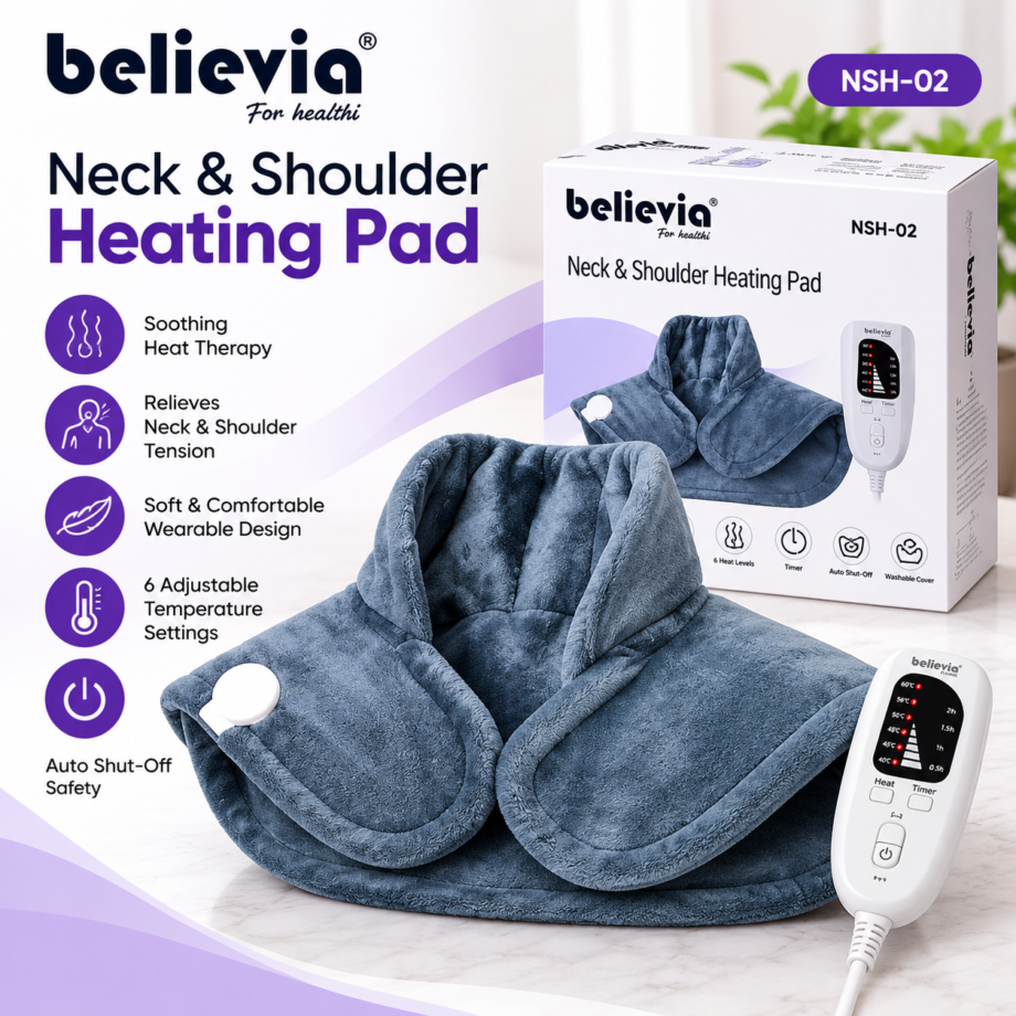Believia NSH-02 heating pad showing soft flannel fabric, padded neck support and shoulder coverage