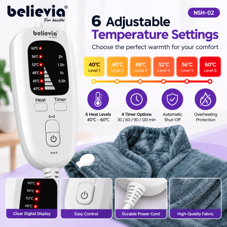 Believia NSH-02 digital heating pad controller showing six adjustable temperature levels