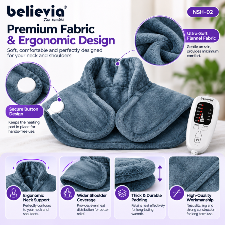 Believia NSH-02 Neck and Shoulder Heating Pad with digital controller and product box