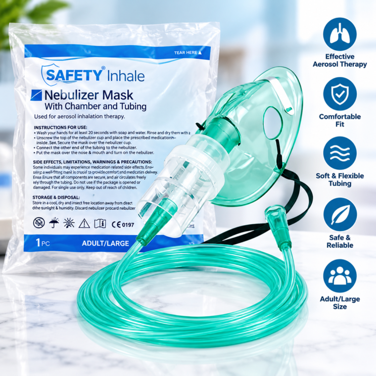 Close-up details of SAFETY Inhale nebulizer mask showing transparent chamber, adjustable strap and green connecting tubing
