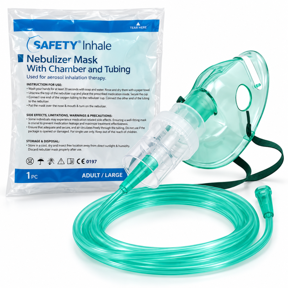 Adult nebulizer mask with medication chamber and connecting tubing – SAFETY Inhale large mask kit in Pakistan