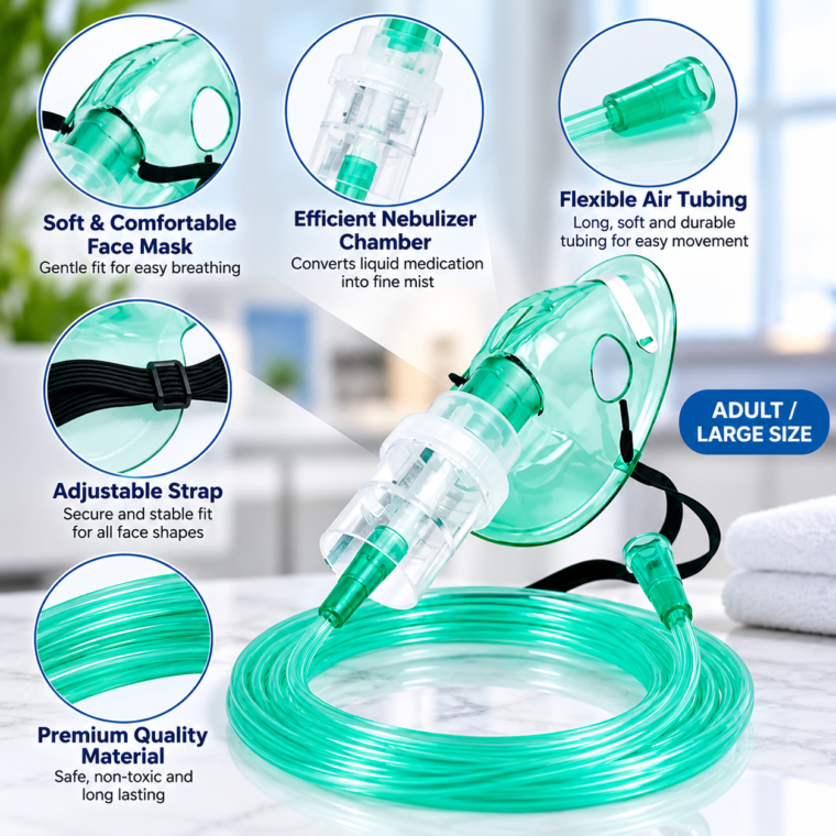 SAFETY Inhale adult large nebulizer mask with chamber and tubing showing adjustable fit and flexible tube features