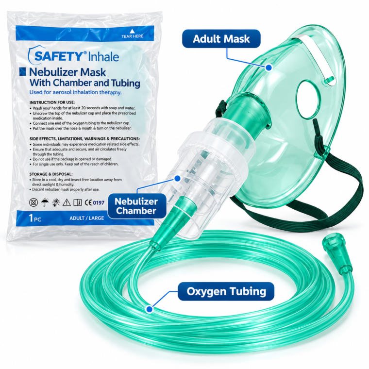 SAFETY Inhale adult large nebulizer mask with medication chamber, green tubing and original product packaging